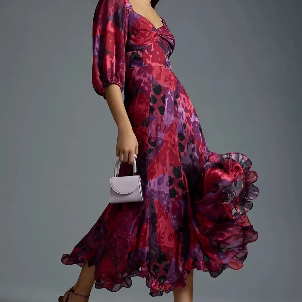 Anthropologie Hutch Printed Twist-Front Puff-Sleeve Ruffle-Hem Dress Size 2X